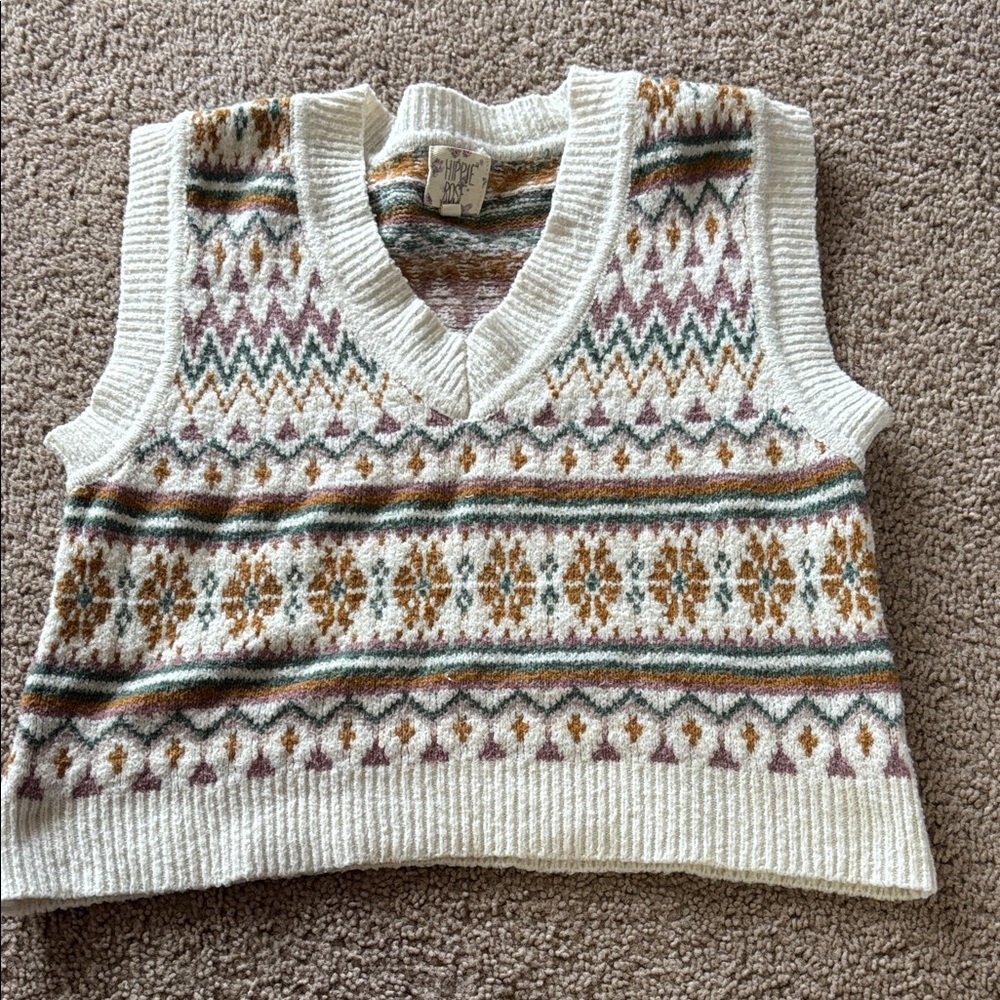 Hippie Rose Cream and Multicolor V-Neck Sweater Vest
